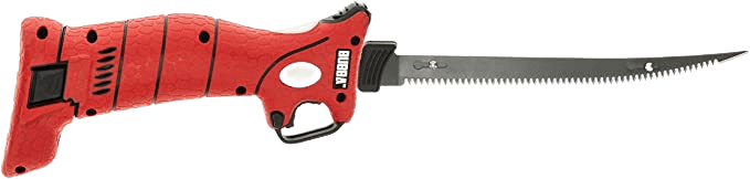 Bubba cordless electric fillet knife with red textured grip and curved stainless blade