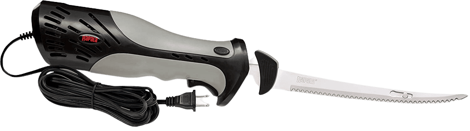 Rapala heavy-duty electric fillet knife with black and gray housing and long cord