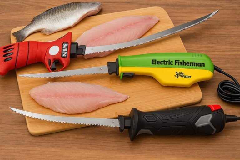 best electric fillet knives surrounding a wooden cutting board with fish fillets and a whole fish on a wood surface.