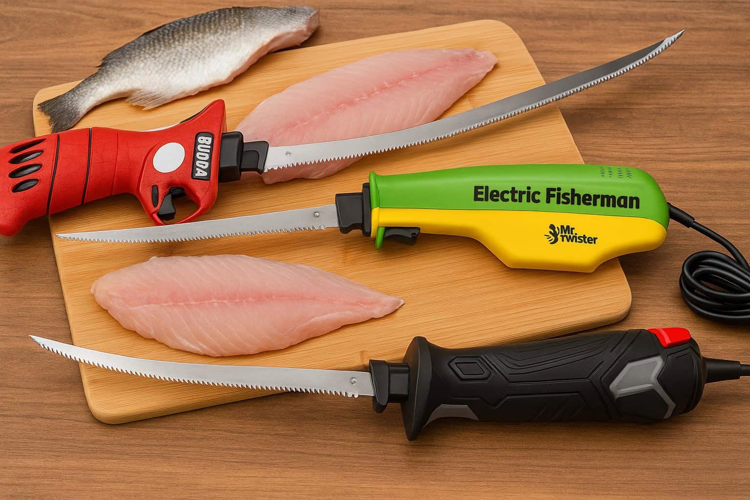 best electric fillet knives surrounding a wooden cutting board with fish fillets and a whole fish on a wood surface.