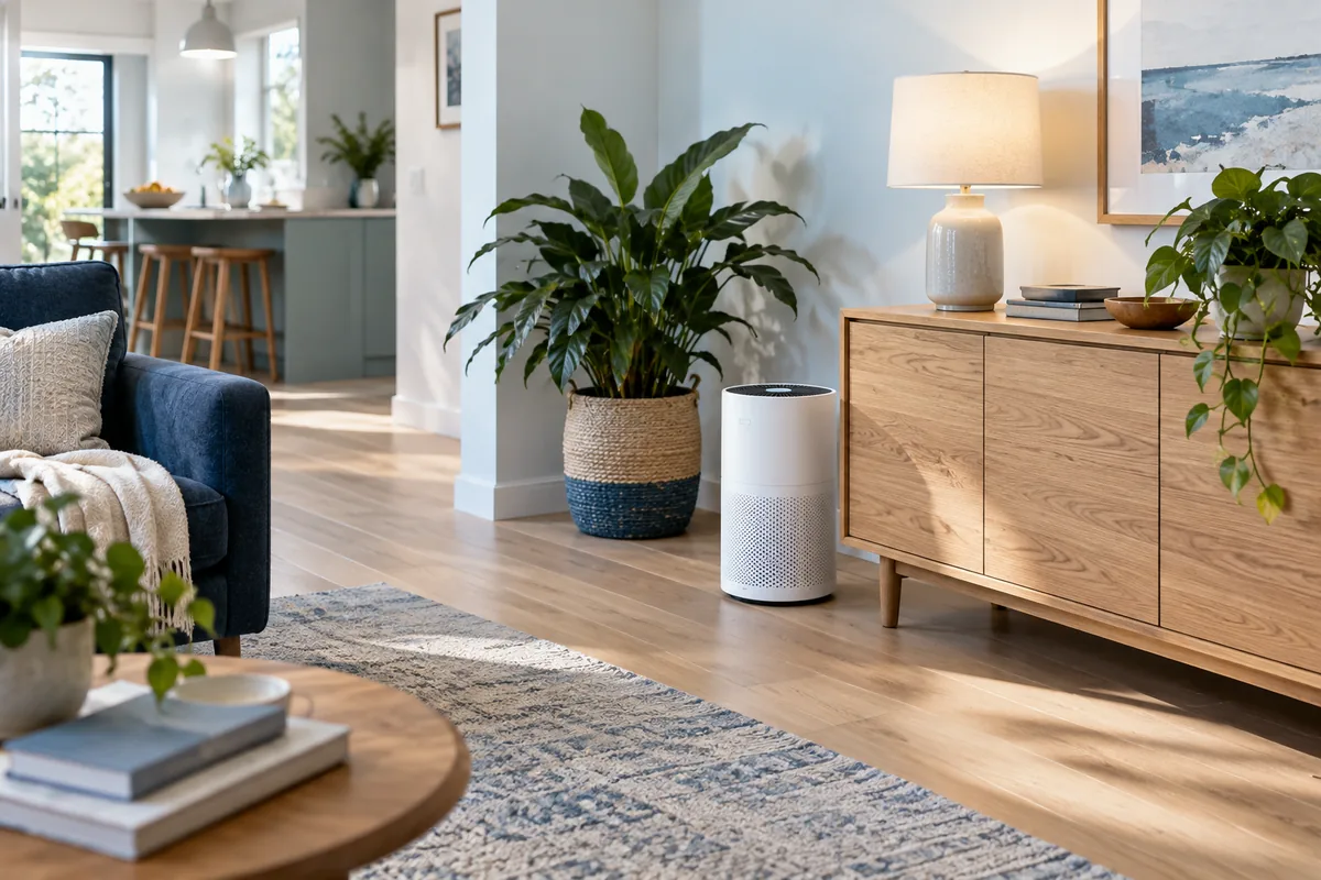 Illustration of an air purifier beside an oak sideboard in a bright home living area