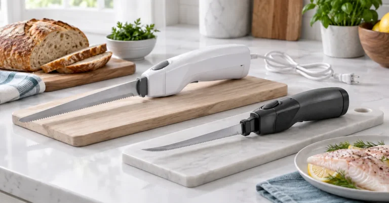 Illustration of a corded electric carving knife and a cordless fillet knife resting on kitchen cutting boards