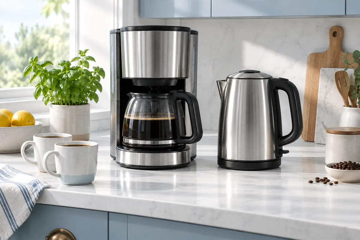 Illustration of a coffee maker and kettle on a bright home kitchen counter