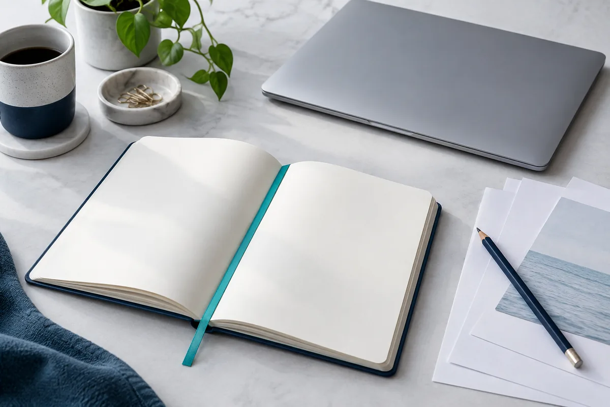 Illustrative research materials: an open notebook, reference papers and a closed laptop