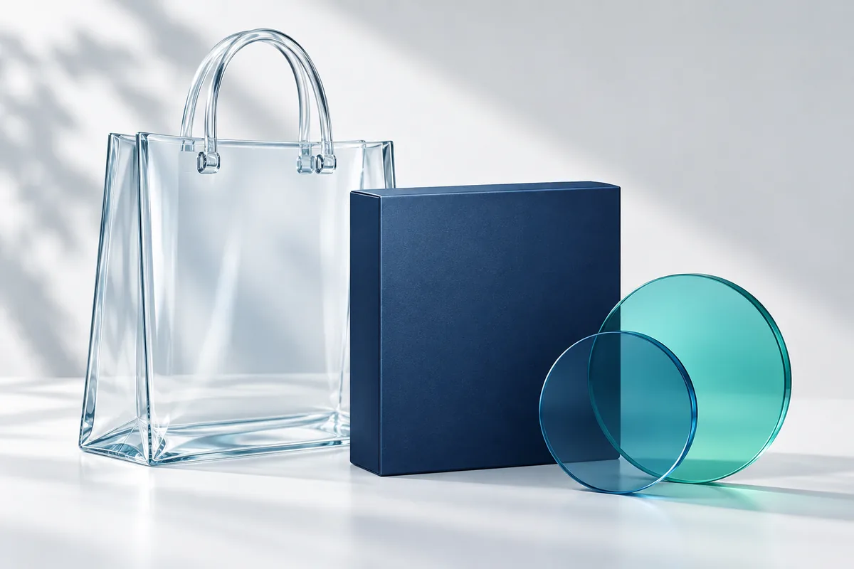 Transparent shopping bag beside an unbranded box and blue and teal discs, illustrating commercial transparency