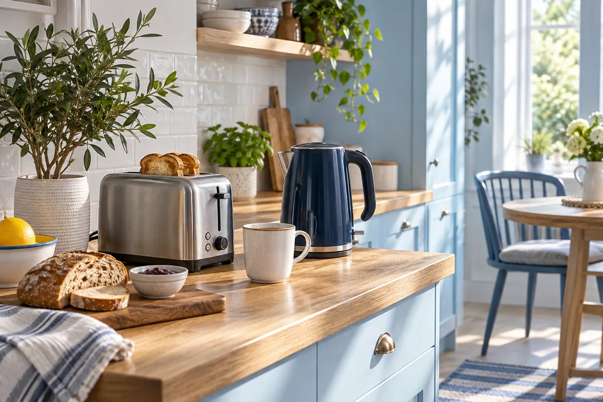 Illustration of a toaster, kettle and cup in a sunlit home kitchen